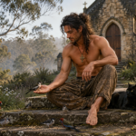 Rowan feeding native birds beside a country church while Aura the black cat rests nearby, representing the Greatest Commandment and ChristoPagan love.