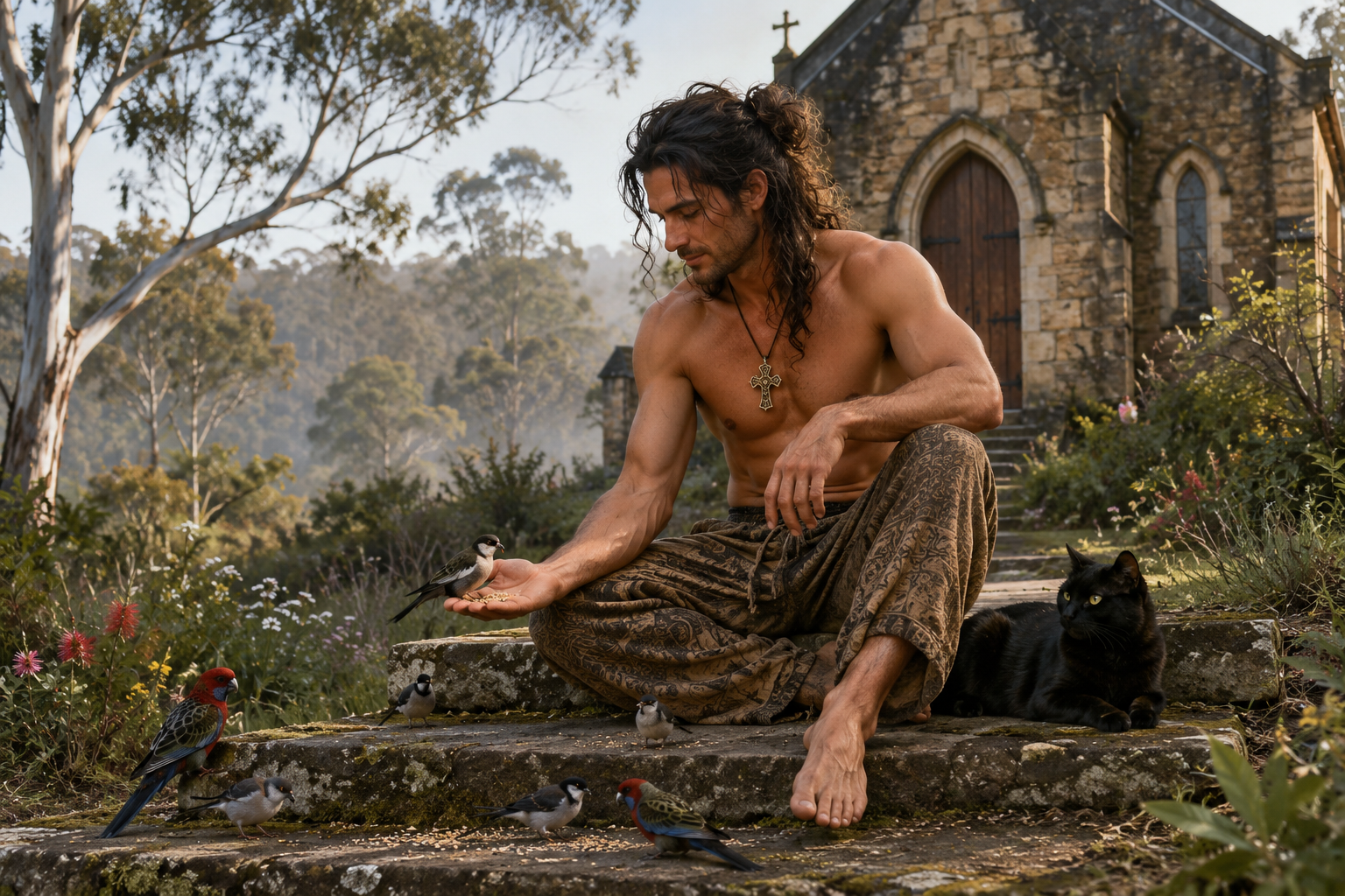 Rowan feeding native birds beside a country church while Aura the black cat rests nearby, representing the Greatest Commandment and ChristoPagan love.