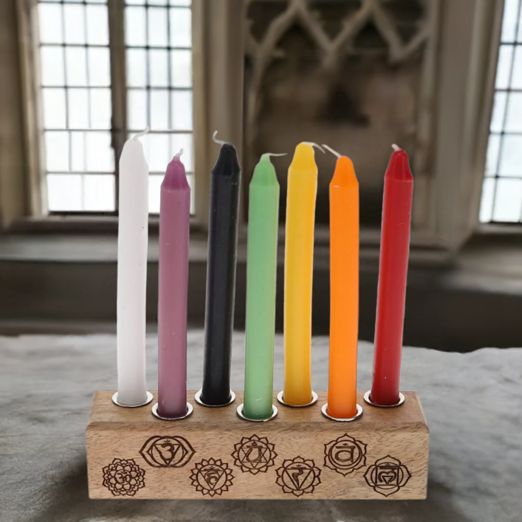 (image for) Wooden Chakra Candle Holder with Candles